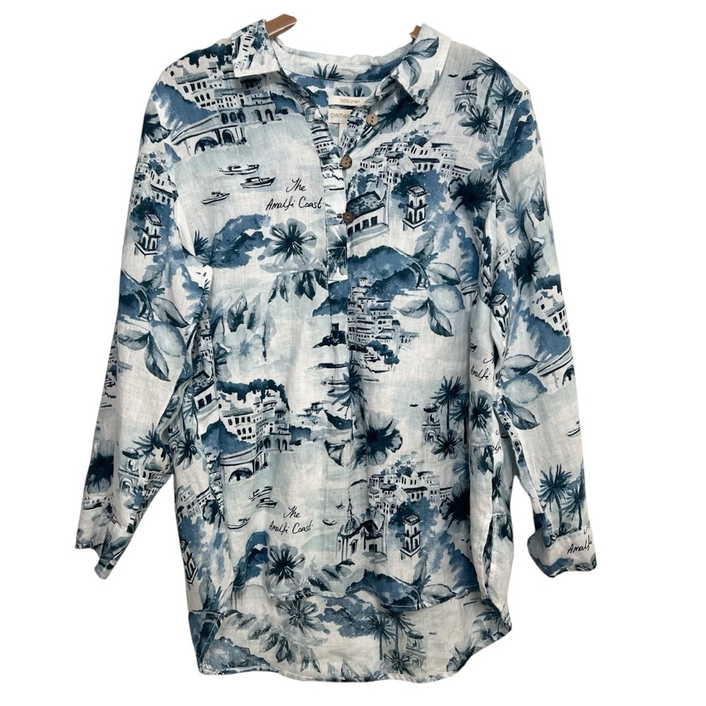 Cynthia Rowley Top Womens 1X‎ 100% Linen Blouse Graphic Amalfi Coast Tunic